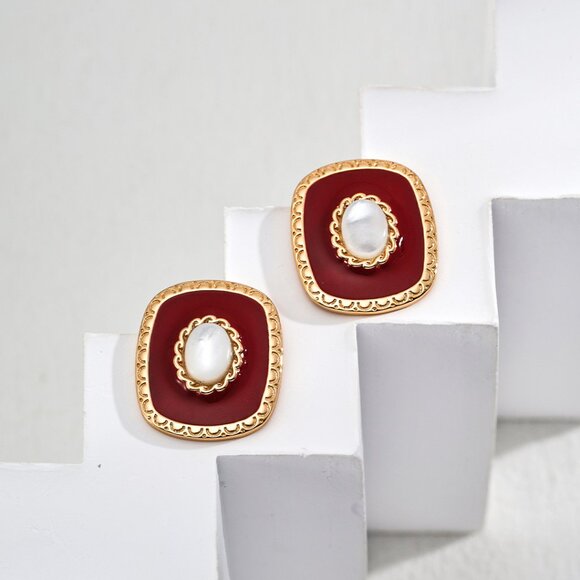 Handmade Jewelry - ❤️ Artisan Original Red Enamel & Mother of Pearl Statement Studs | S925 Gold